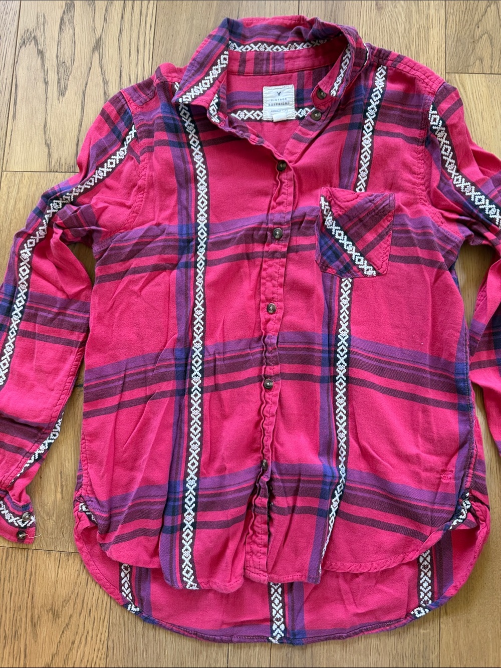 American Eagle Outfitters Pink Plaid Button-Up Shirt. sku359